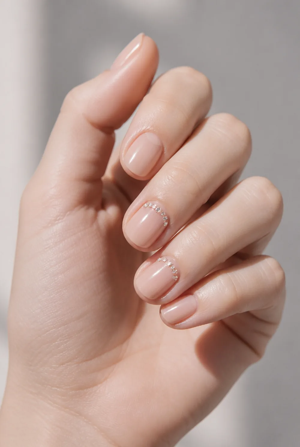 rhinestone cuff nail art on fair skin, short length
