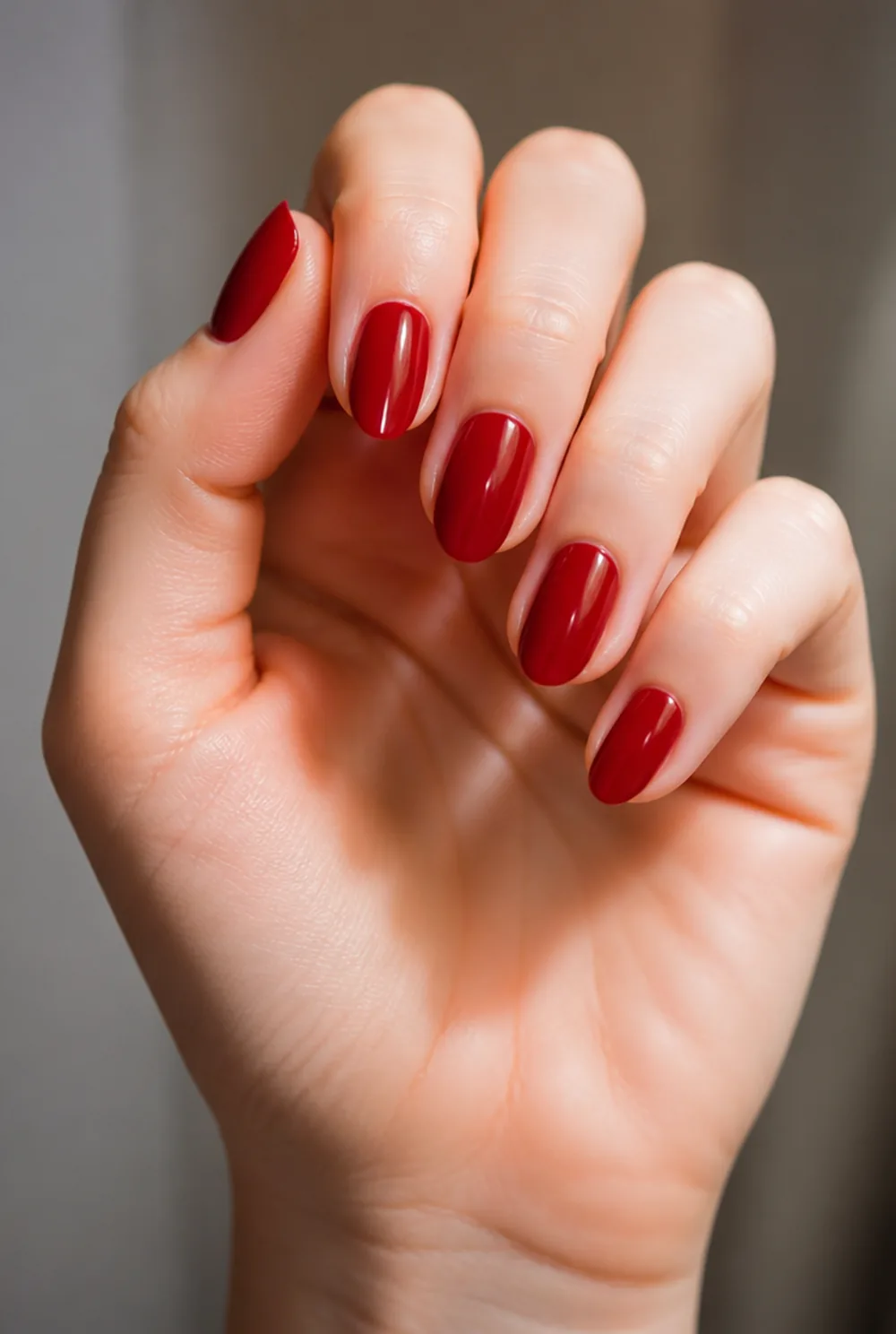cherry red nail art on fair skin, short length