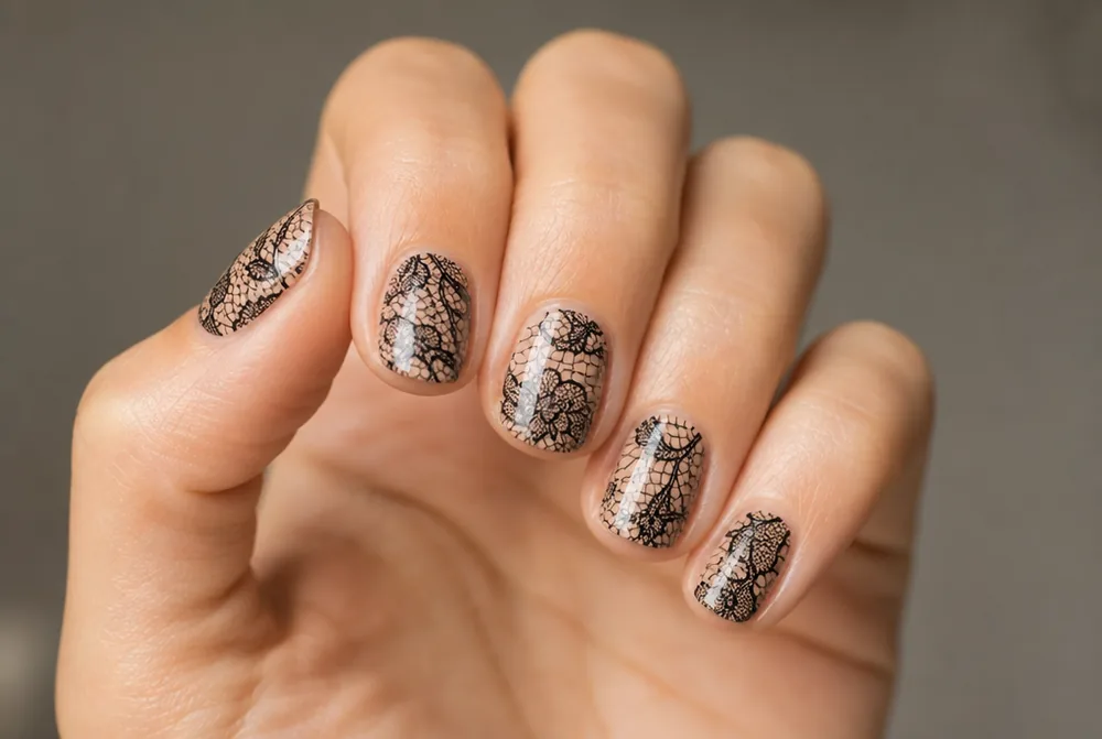 black lace stamped nails on nude base