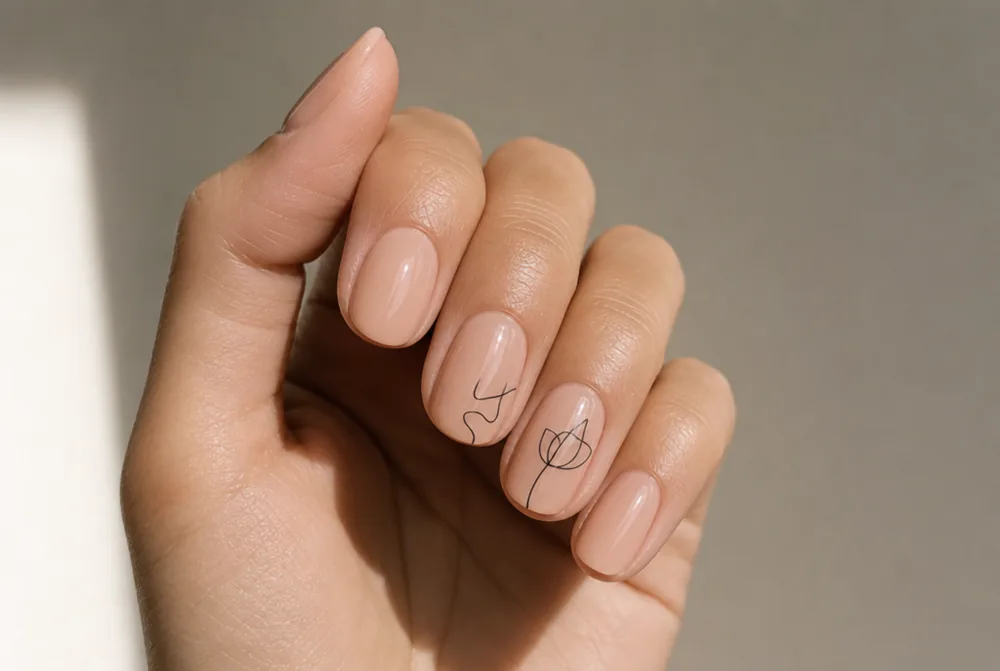 black line art nail design on nude base