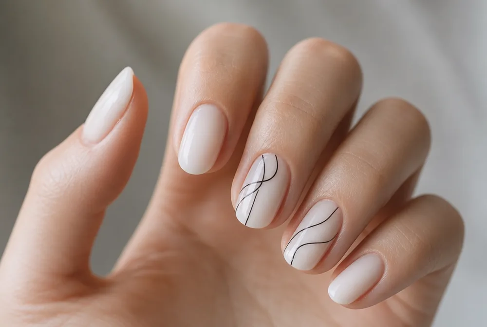 black line art on milky white nail base