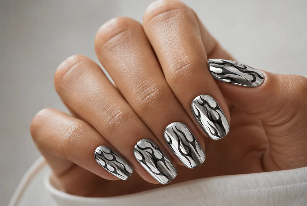 black stamped pattern over silver chrome nails