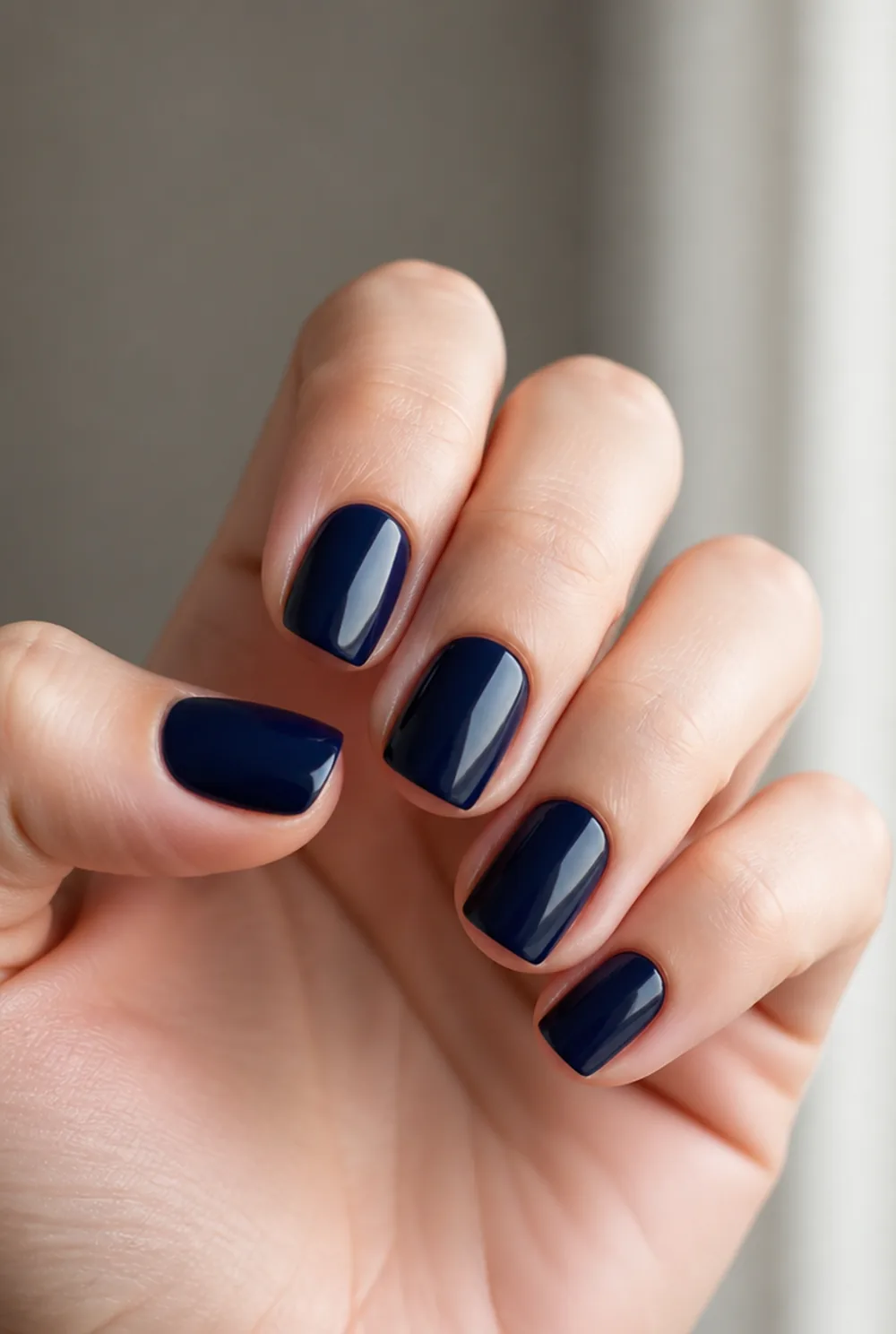 midnight navy creme nail art on fair skin, short length