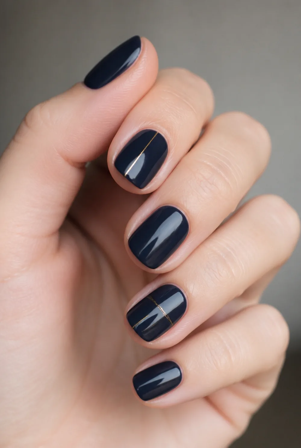 navy and gold nail art on fair skin, short length