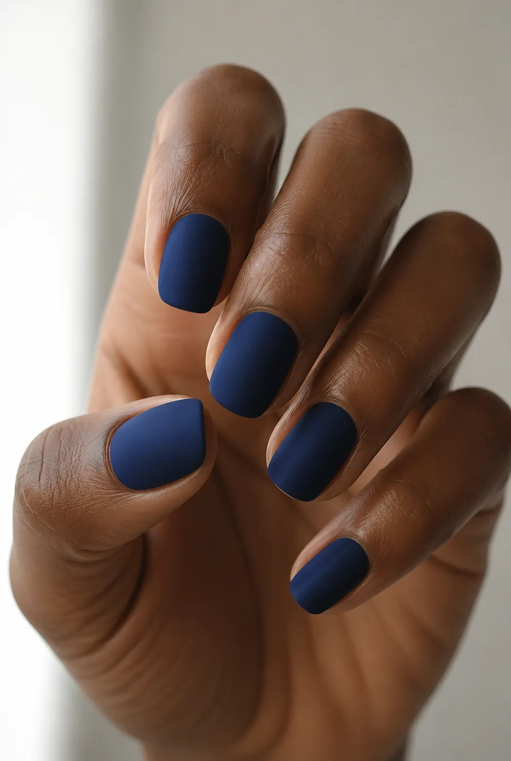 navy velvet matte nail art on deep brown skin