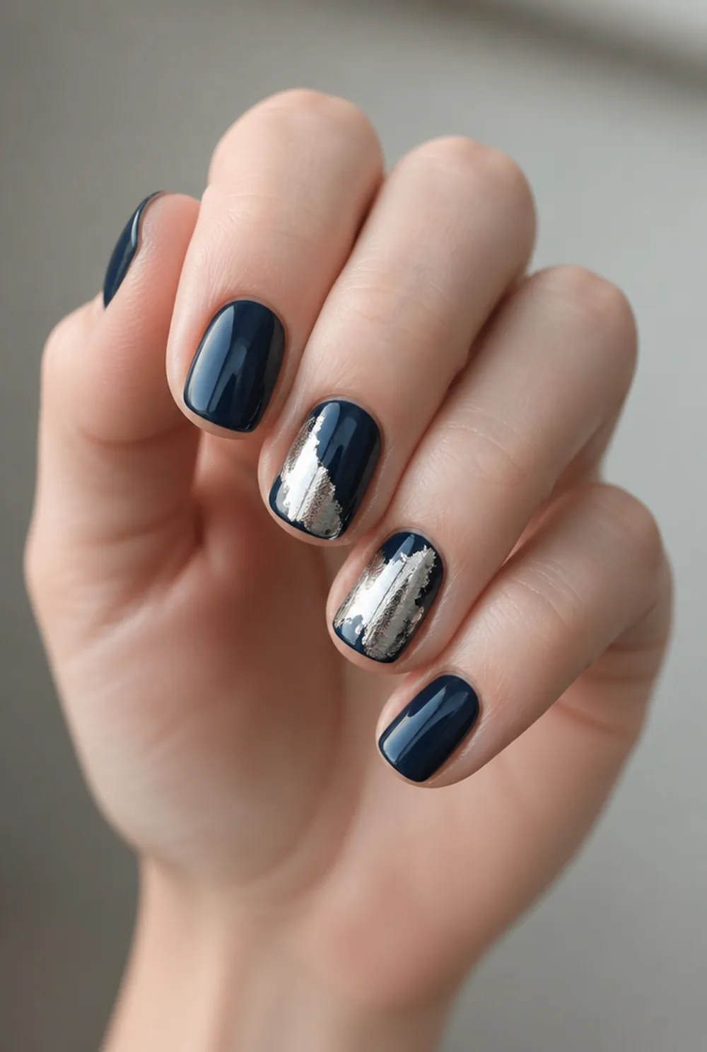 blue and silver foil nail art on fair skin, short length