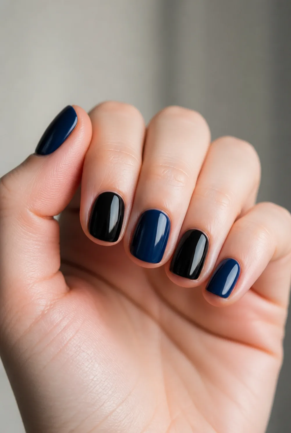 navy and black nail art on fair skin, short length
