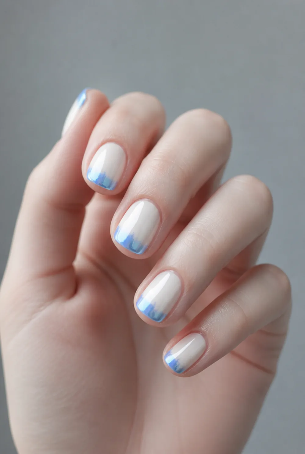 blue chrome tips nail art on fair skin, short length