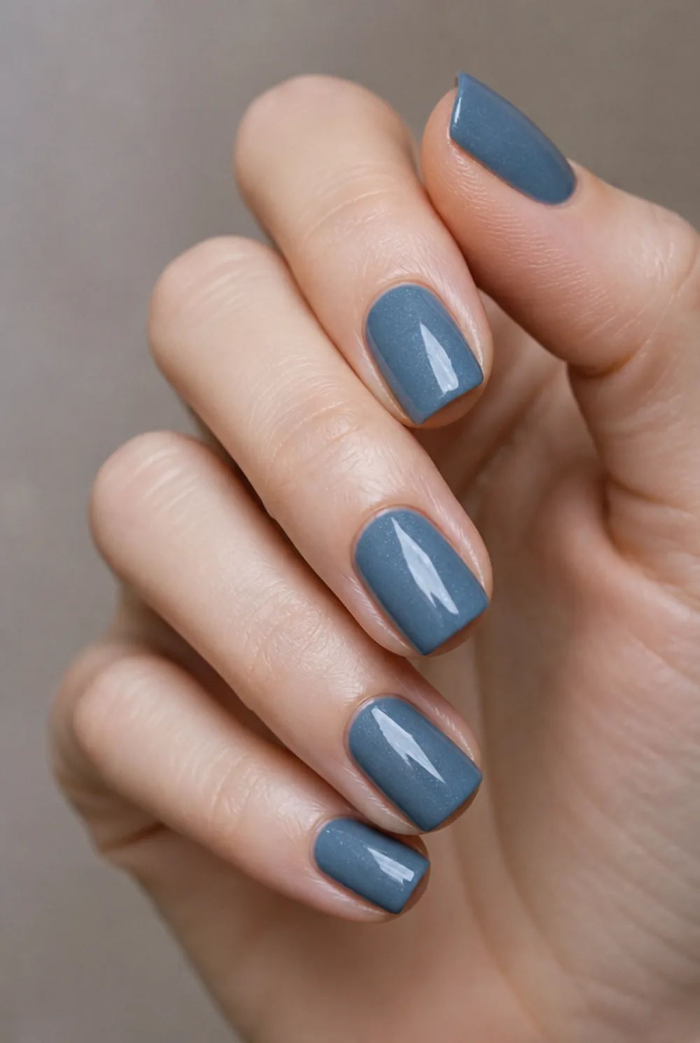 denim blue nail art on fair skin, short length