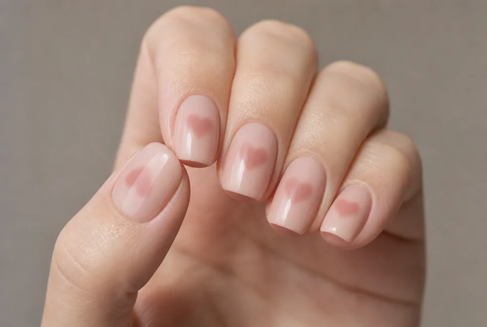 blurred soft heart Valentines nail design