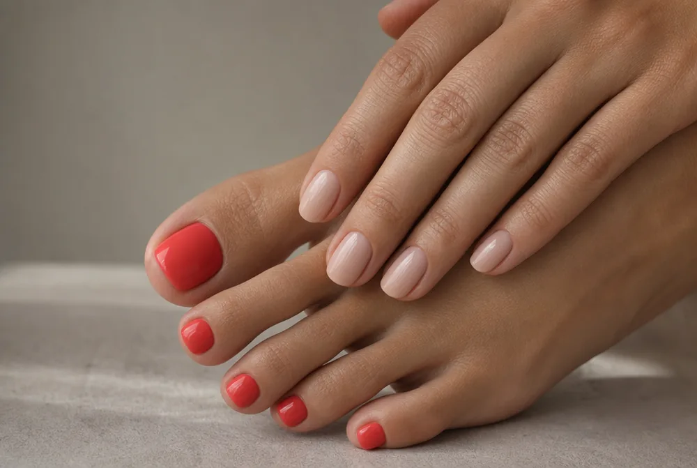 bright pedicure with neutral manicure