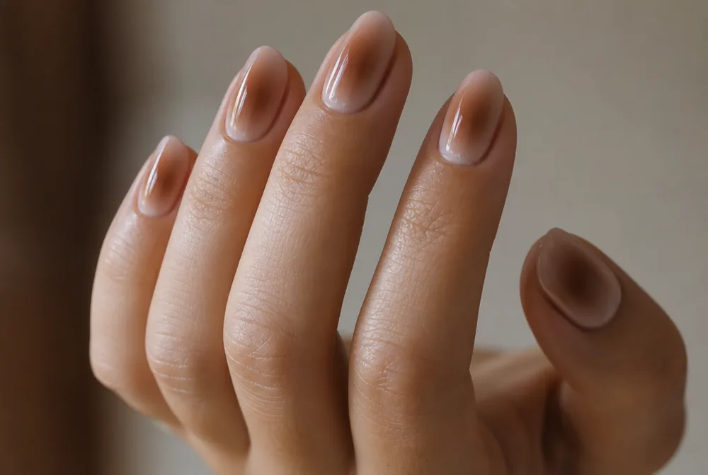 brown aura nails with warm coffee centre glow