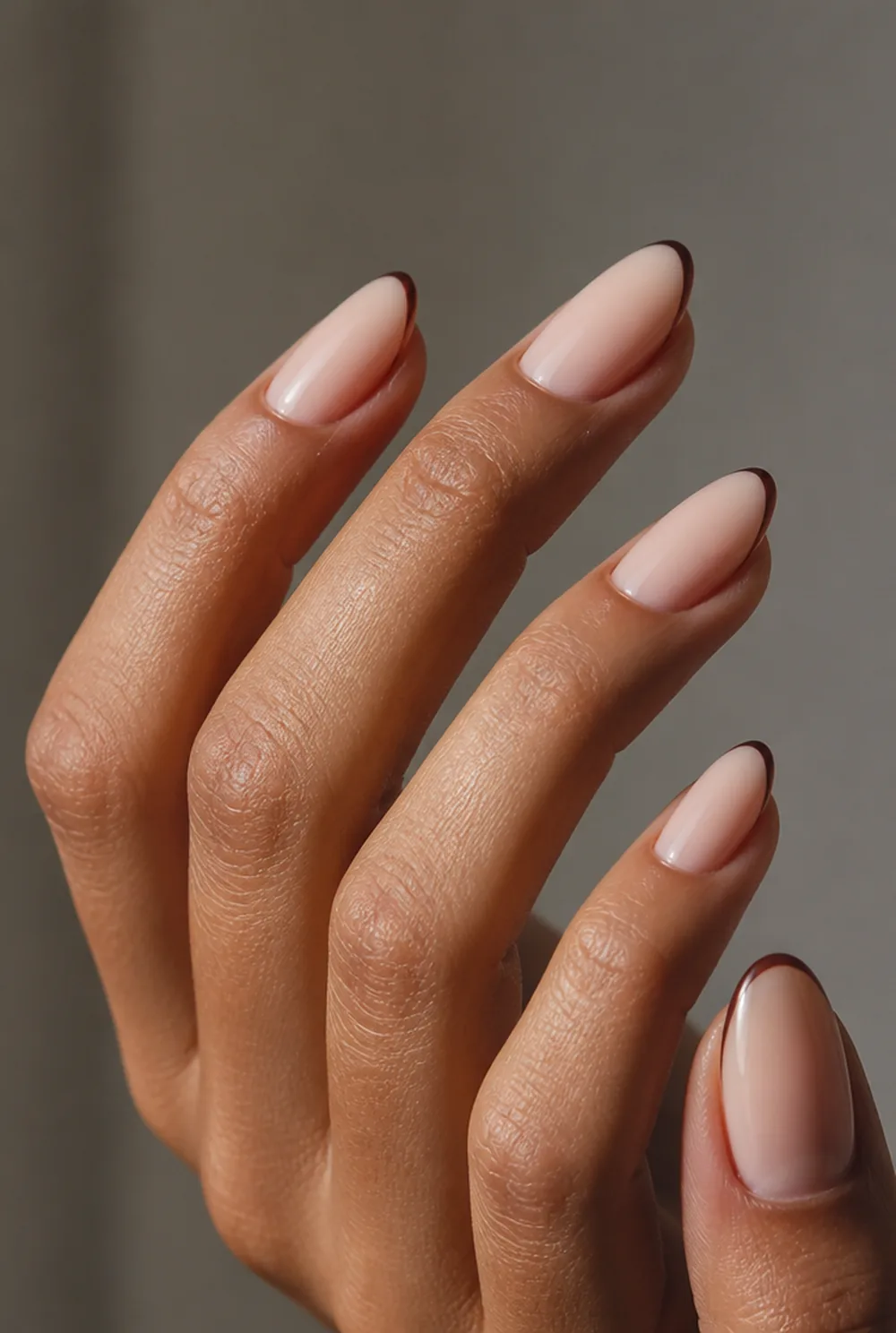 brown micro french nail art on olive skin long length - PolishedAndPrettyNails.com brown micro french nail art on olive skin, long length