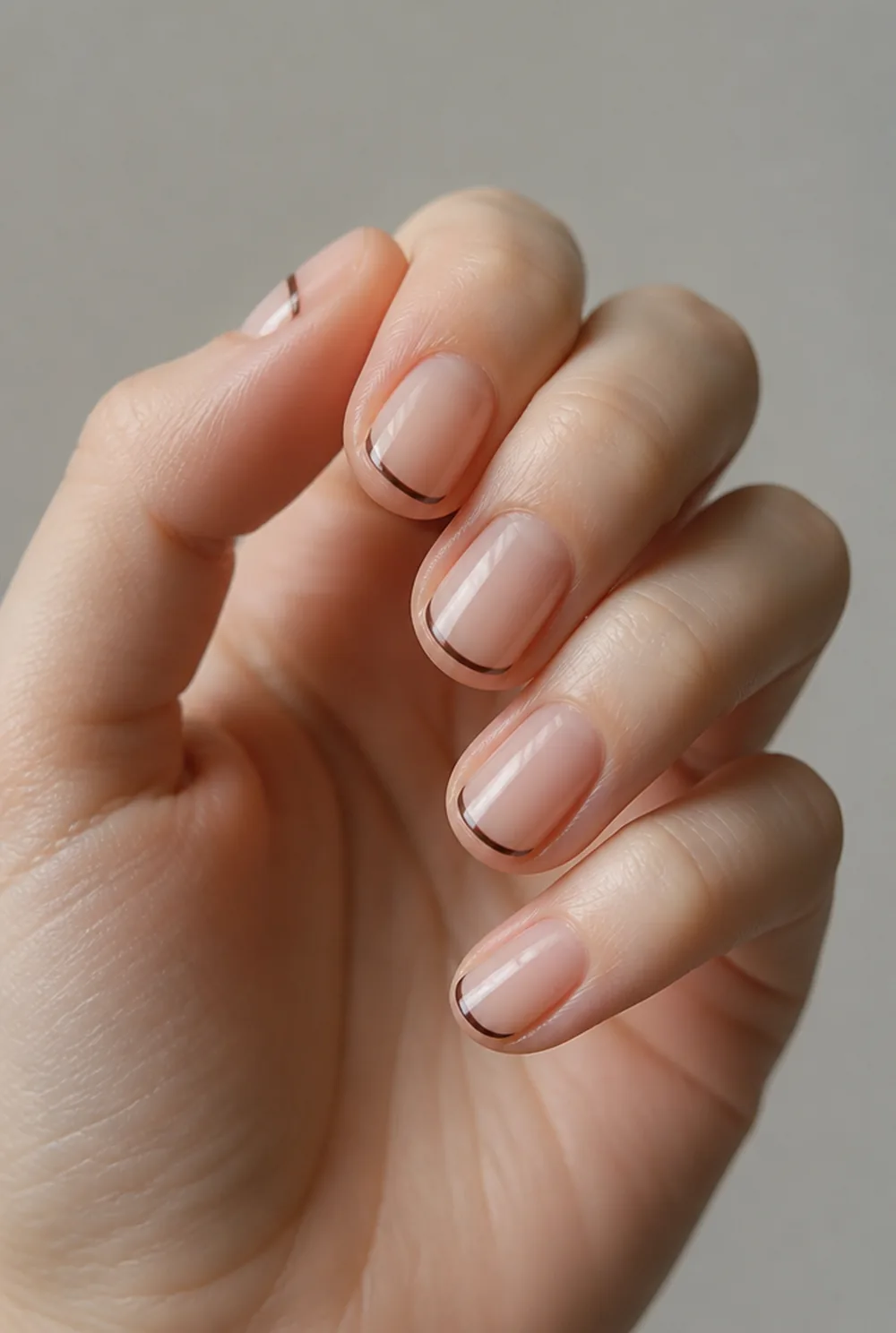 brown micro french nail art on fair skin short length - PolishedAndPrettyNails.com brown micro french nail art on fair skin, short length