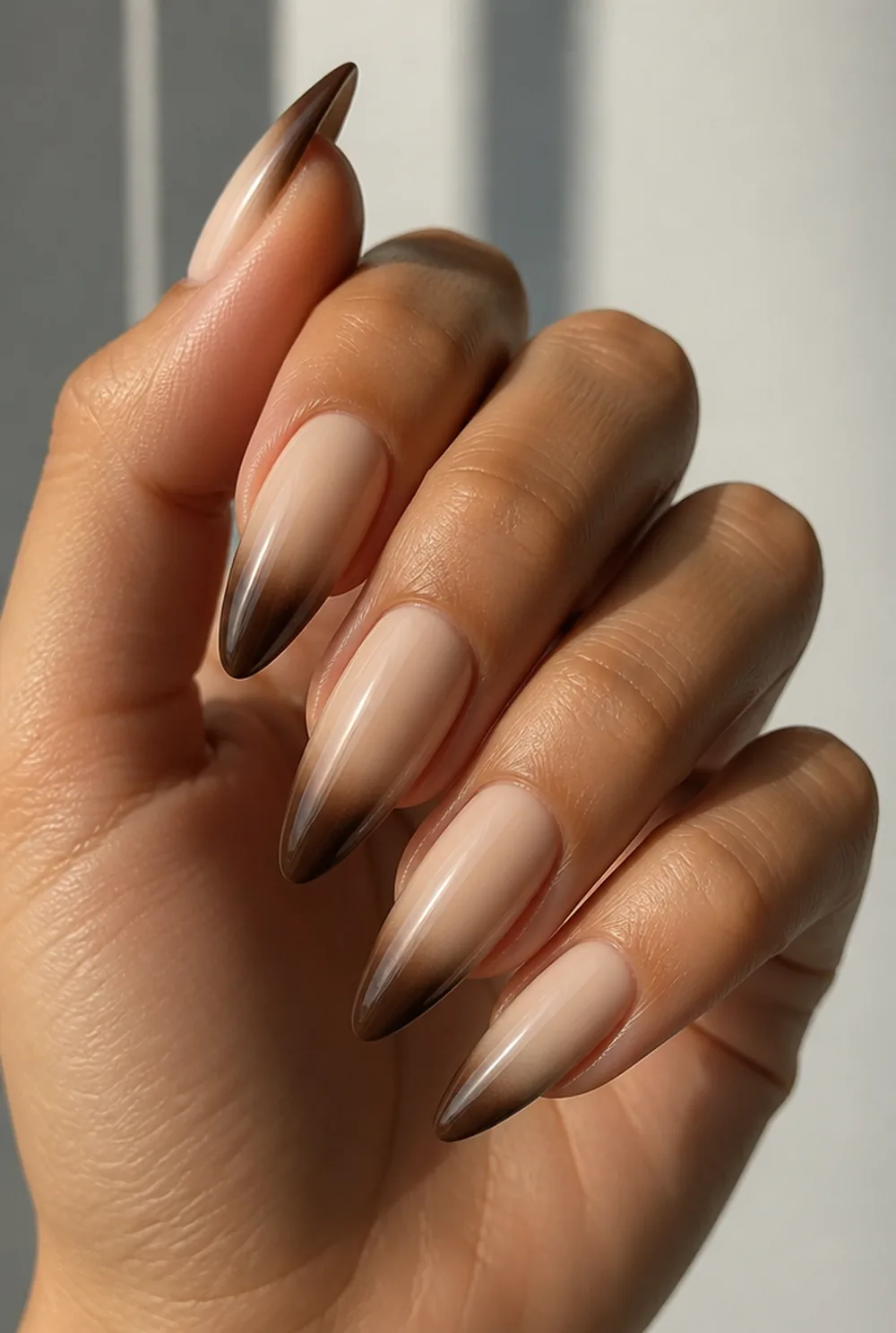 brown ombre nail art on olive skin long length - PolishedAndPrettyNails.com brown ombre nail art on olive skin, long length