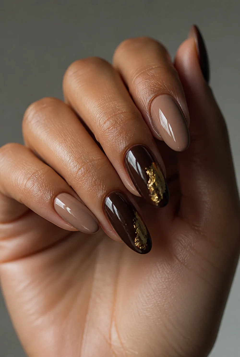 brown with gold foil nail art on olive skin long length - PolishedAndPrettyNails.com brown with gold foil nail art on olive skin, long length