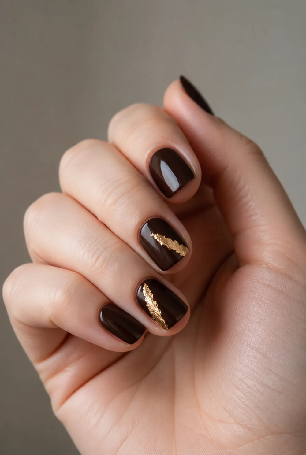 brown with gold foil nail art on fair skin short length - PolishedAndPrettyNails.com brown with gold foil nail art on fair skin, short length
