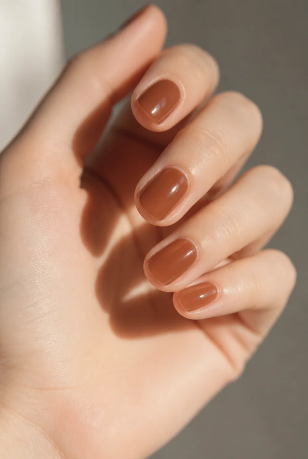 sheer brown jelly nail art on fair skin short length - PolishedAndPrettyNails.com sheer brown jelly nail art on fair skin, short length