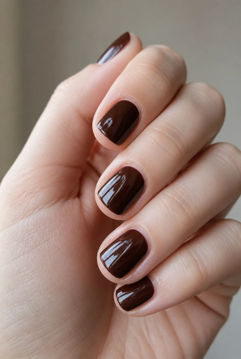 short brown squoval nail art on fair skin short length - PolishedAndPrettyNails.com short brown squoval nail art on fair skin, short length