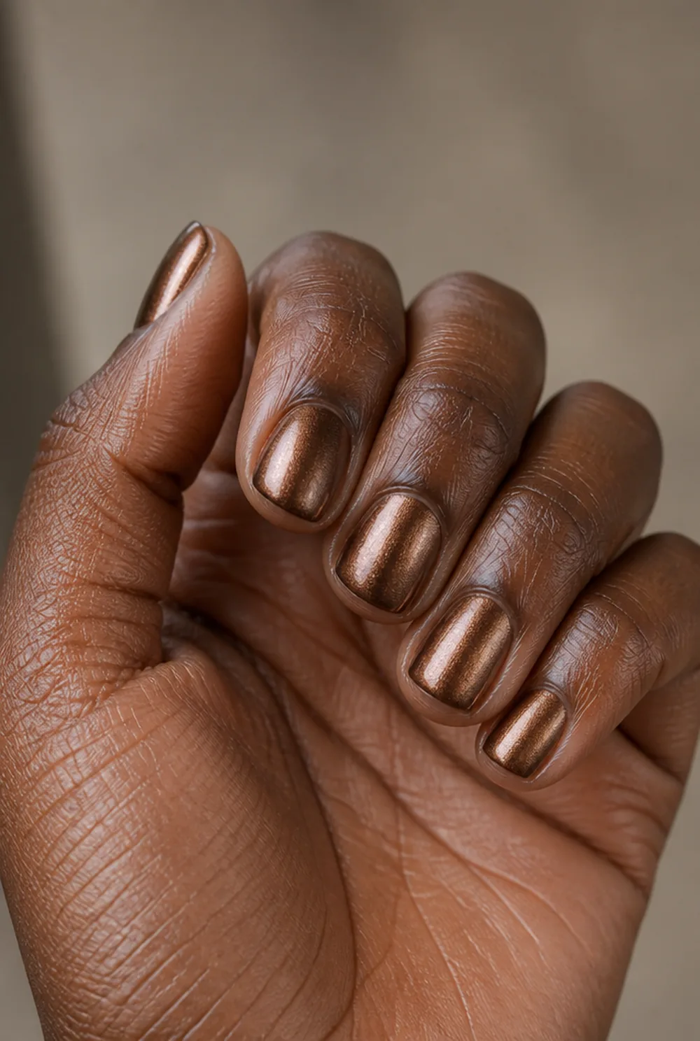 brown chrome nail art on deep brown skin - PolishedAndPrettyNails.com brown chrome nail art on deep brown skin