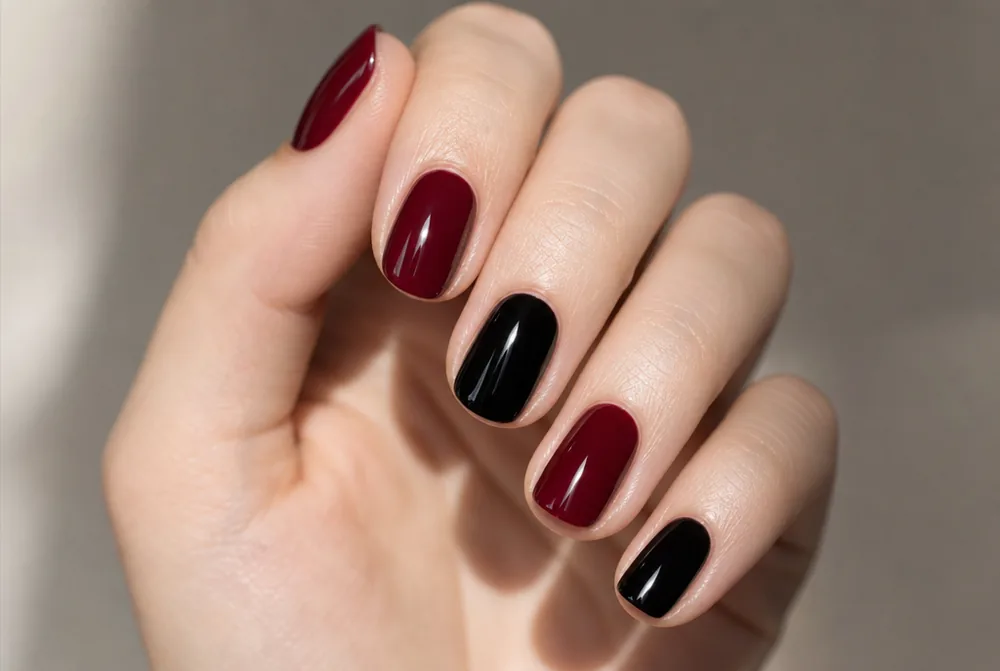 burgundy and black alternating nails