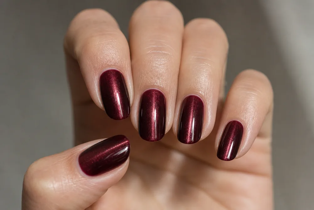 burgundy cat eye magnetic nails with light stripe