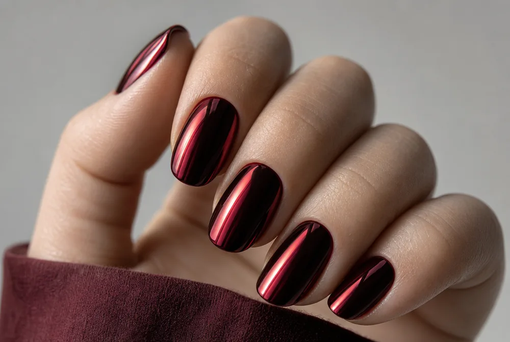 burgundy chrome nails with metallic red finish