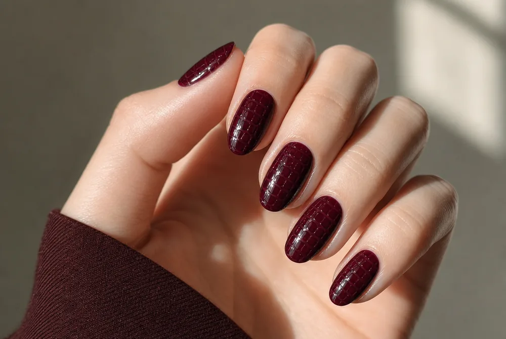 burgundy croc print textured nail art