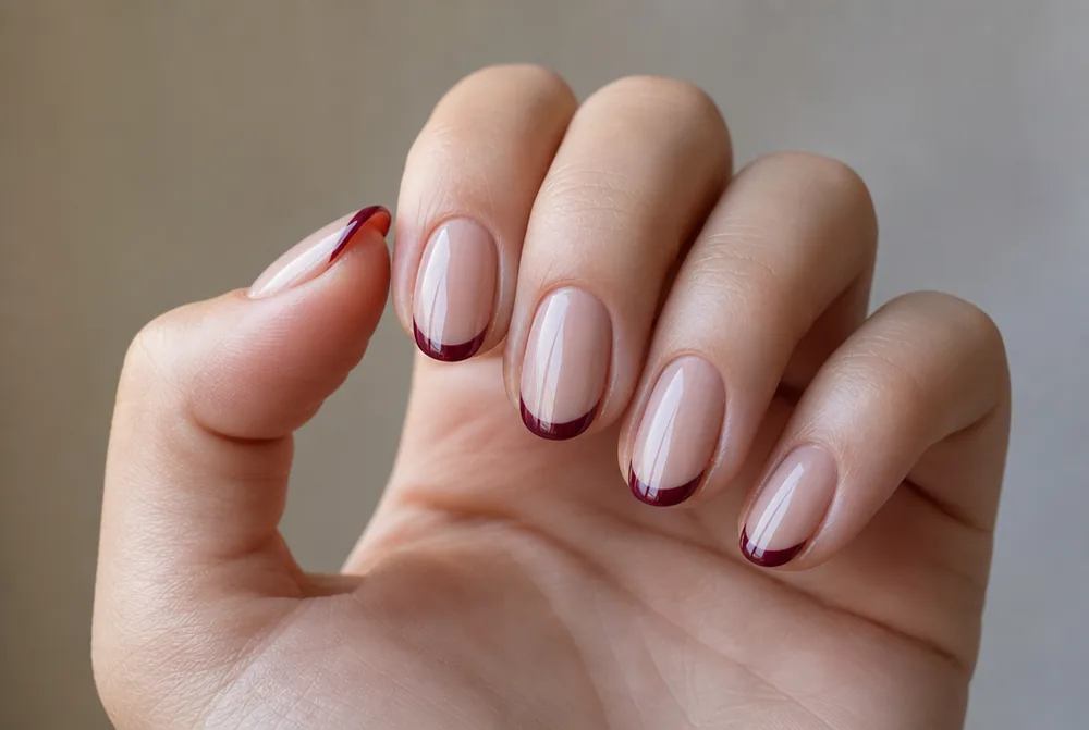 burgundy French tip nails on sheer nude base