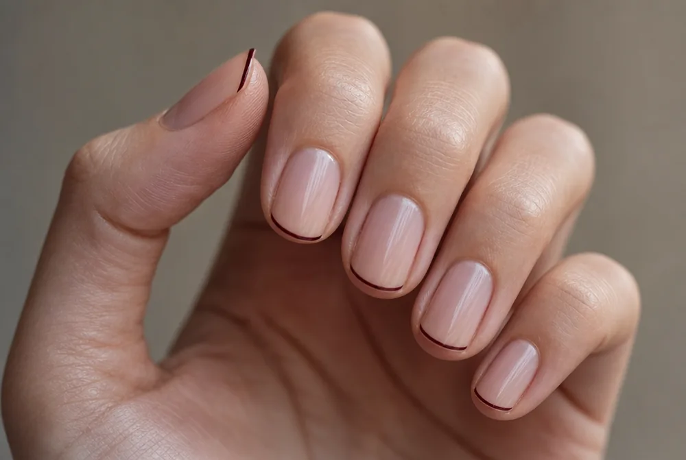 burgundy micro French tip nails with ultra thin line