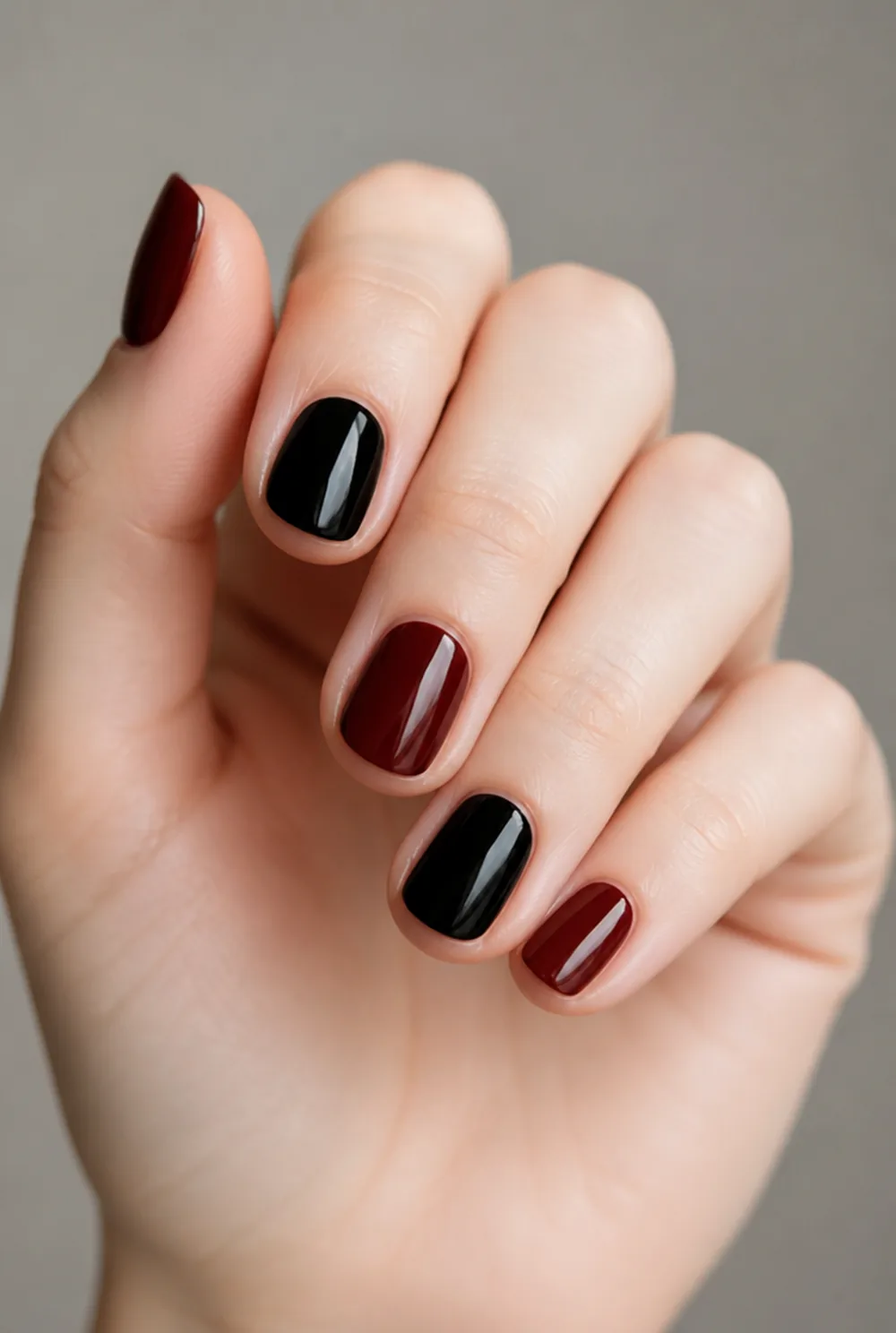 burgundy and black nail art on fair skin short length - PolishedAndPrettyNails.com burgundy and black nail art on fair skin, short length