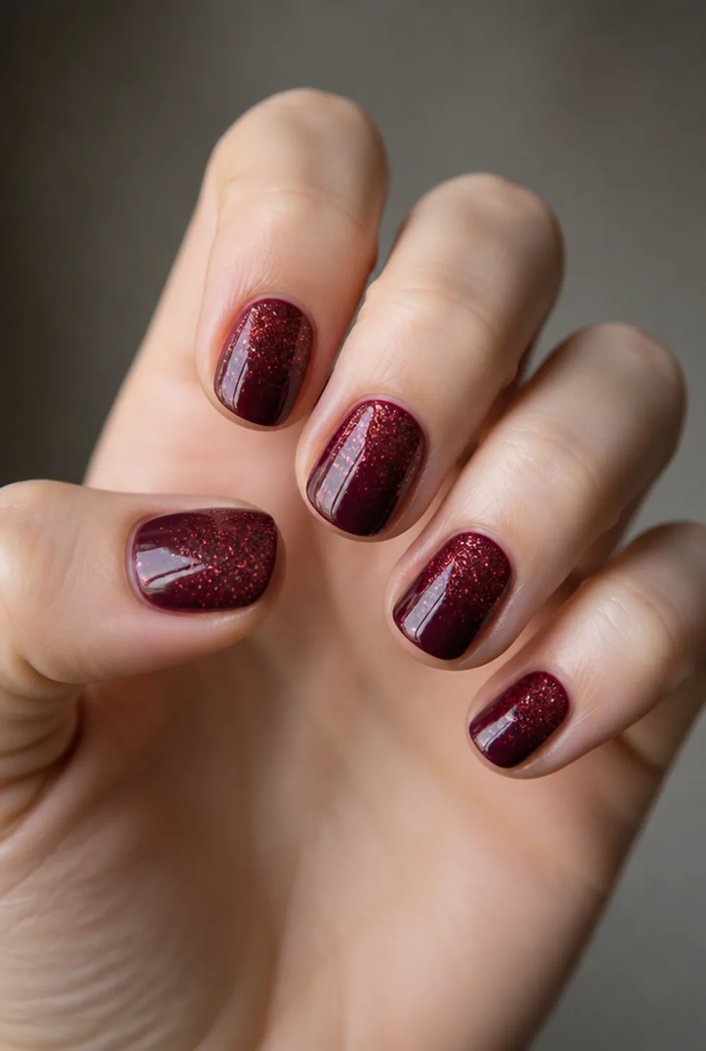 burgundy glitter tip nail art on fair skin short length - PolishedAndPrettyNails.com burgundy glitter tip nail art on fair skin, short length
