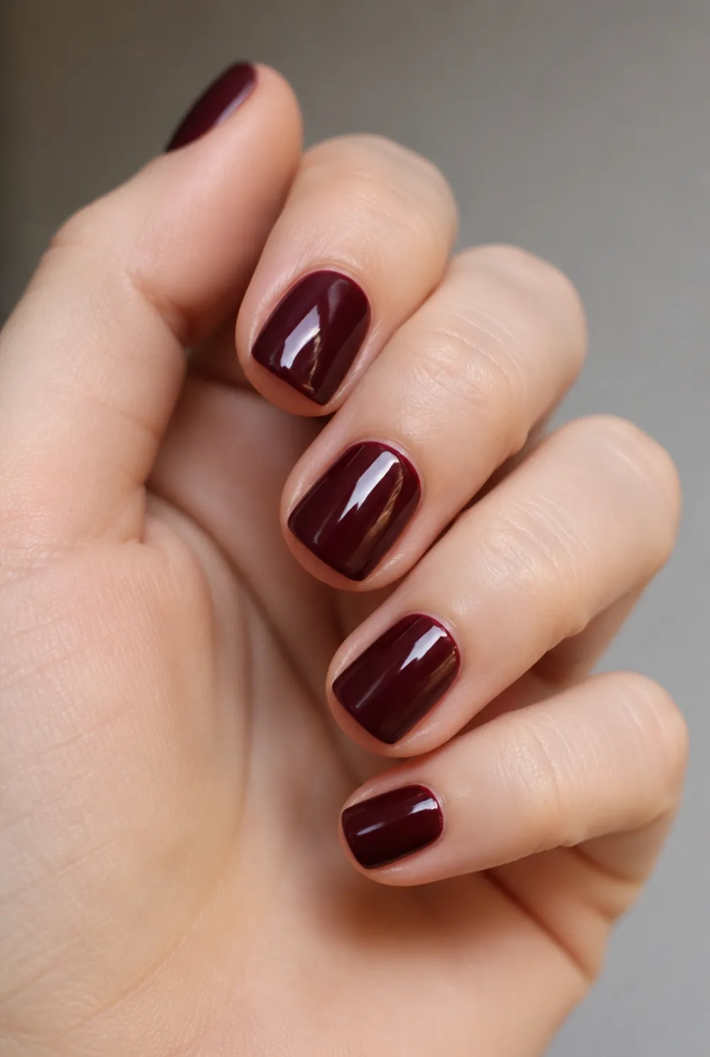 burgundy short squoval nail art on fair skin short length - PolishedAndPrettyNails.com burgundy short squoval nail art on fair skin, short length