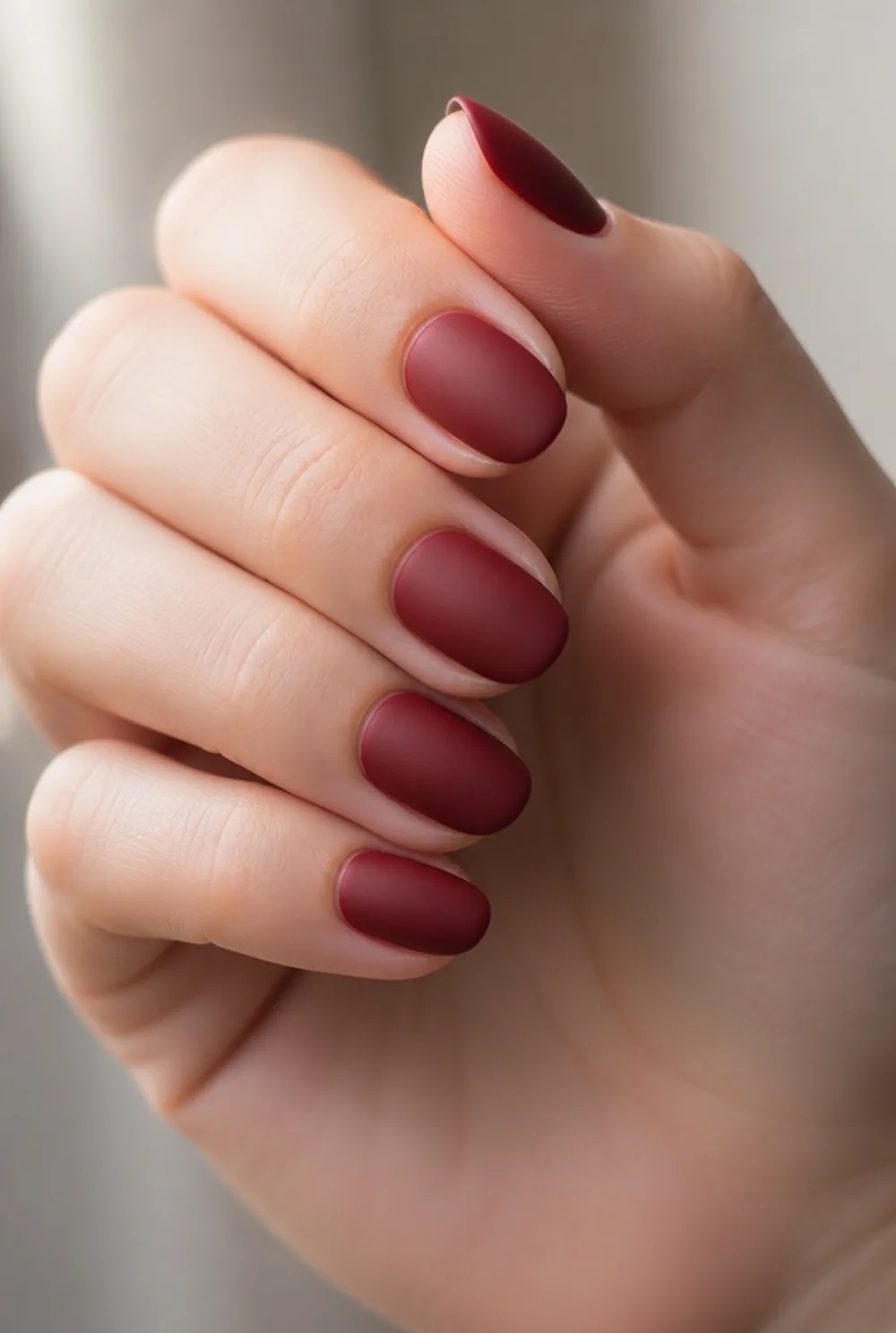 burgundy velvet matte nail art on fair skin short length - PolishedAndPrettyNails.com burgundy velvet matte nail art on fair skin, short length