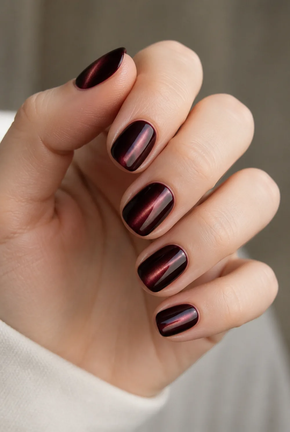 burgundy cat eye nail art on fair skin short length - PolishedAndPrettyNails.com burgundy cat eye nail art on fair skin, short length