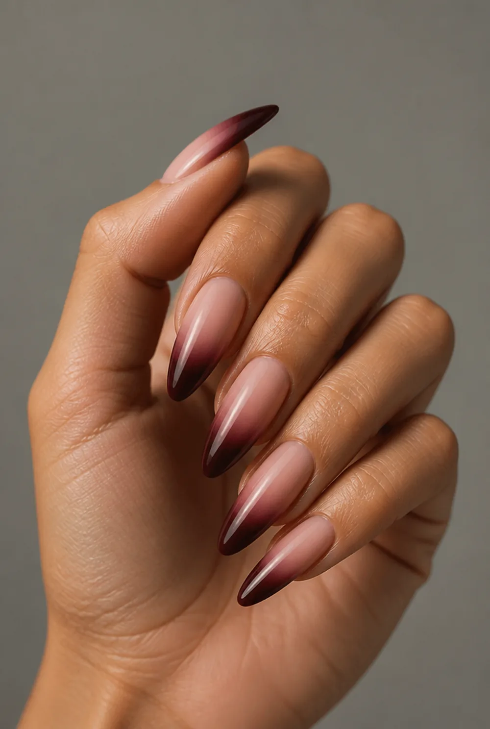 burgundy and nude ombre nail art on olive skin long length - PolishedAndPrettyNails.com burgundy and nude ombre nail art on olive skin, long length