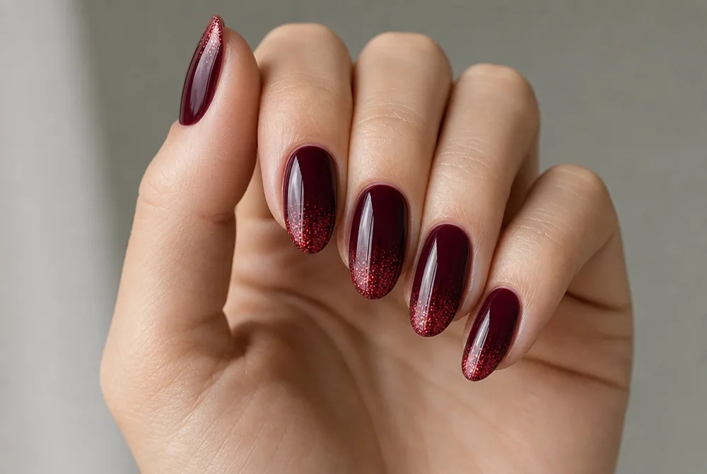 burgundy nails with glitter tip detail