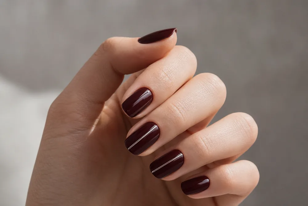 burgundy nails with thin silver line accent
