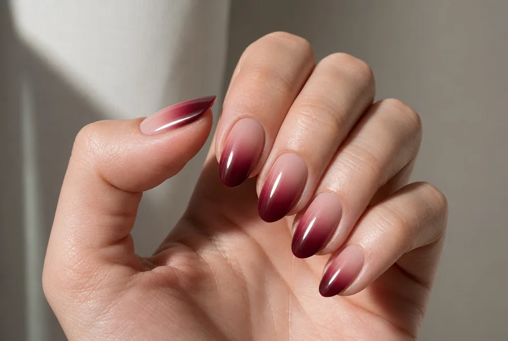 burgundy ombre nails fading nude to wine