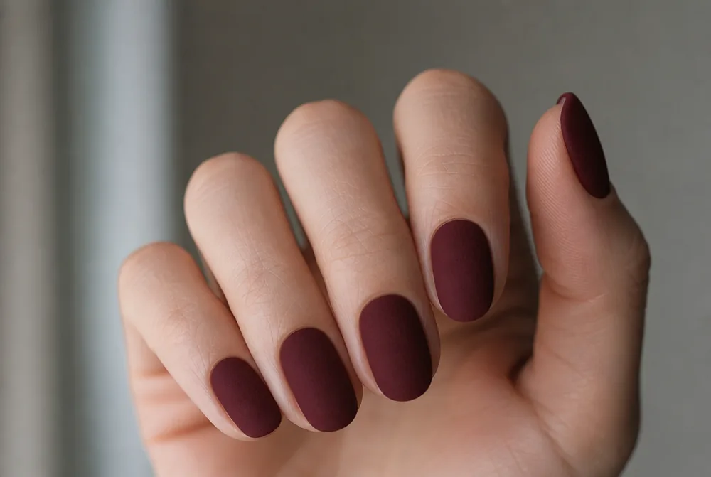 burgundy velvet matte nails on medium length