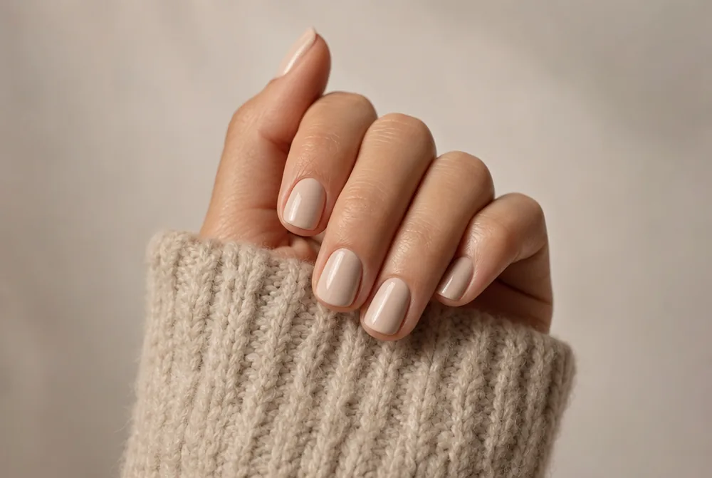 cashmere beige nude nails on short almond shape