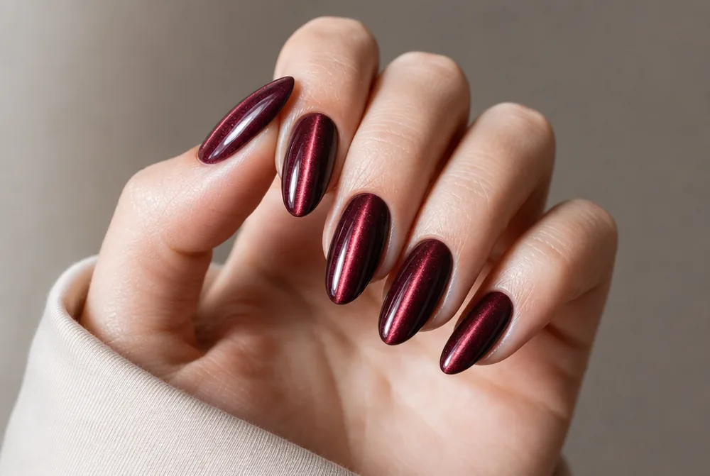 cat eye magnetic almond nails with light stripe