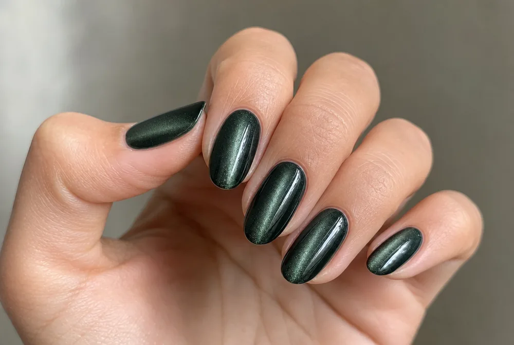 cat eye oval nails in deep green magnetic gel