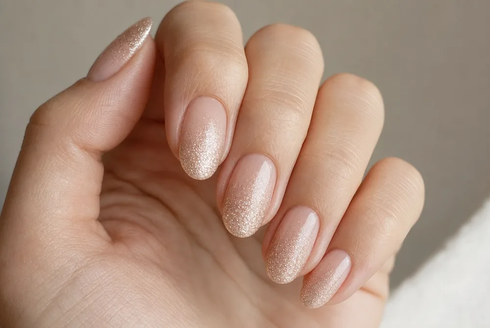 champagne glitter ombre nails on nude base