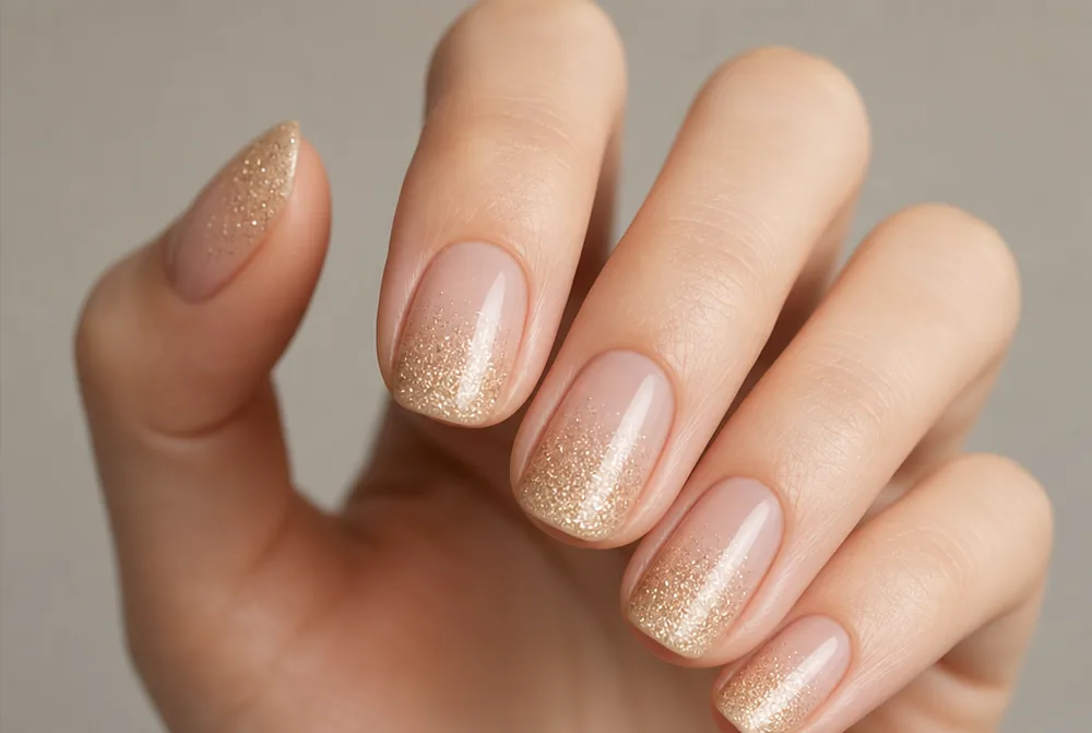 champagne gold glitter ombre nails on nude base