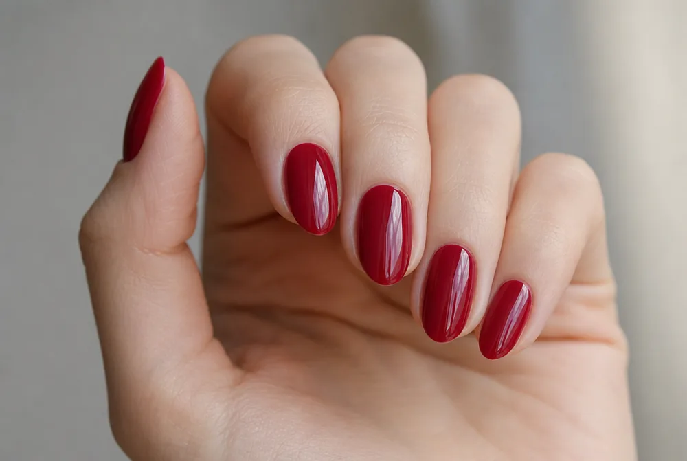 cherry red Valentines nails on almond shape