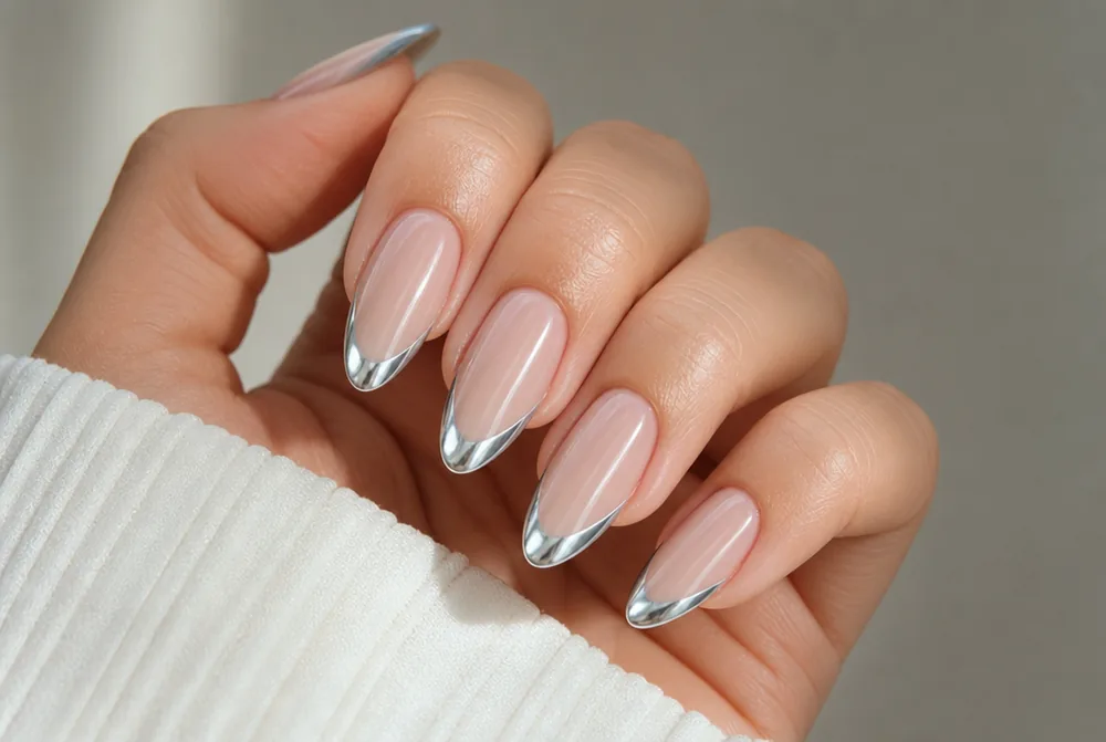 chrome french tip nails with silver mirrored tips over nude base