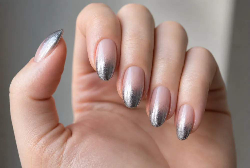 chrome ombre nails with metallic fade to the tips