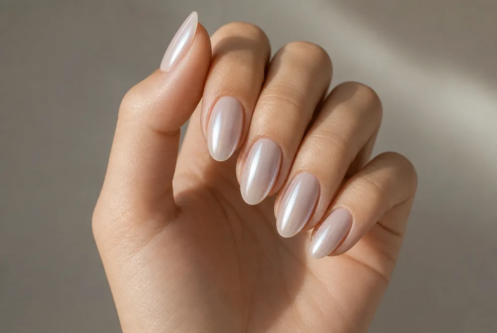 chrome oval nails with pearl glazed finish