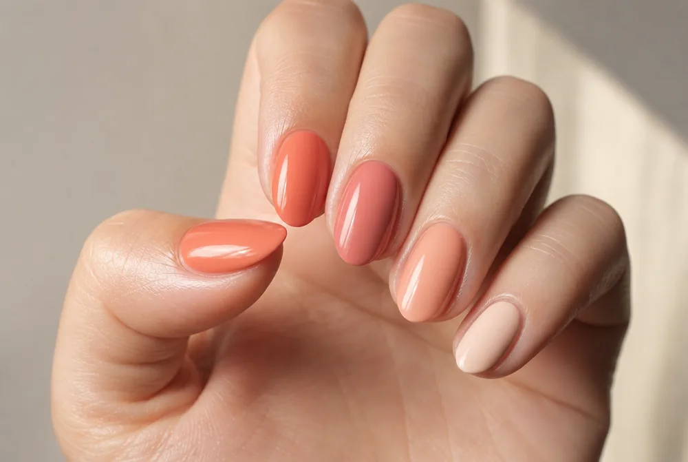 classic coral nails on short almond shape